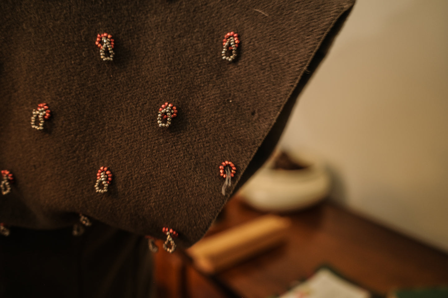 1940s/1950s Grey Brown Wool Beaded Detail Bombshell Dress