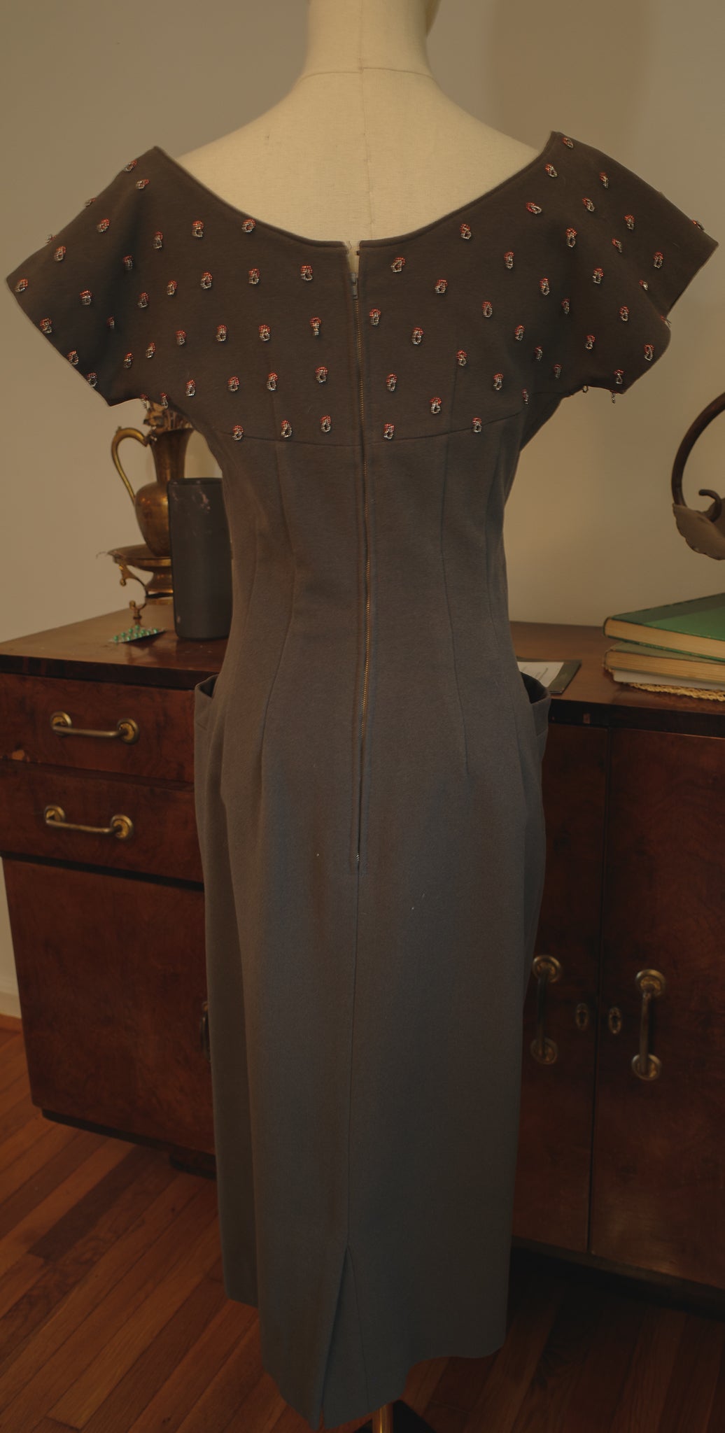 1940s/1950s Grey Brown Wool Beaded Detail Bombshell Dress