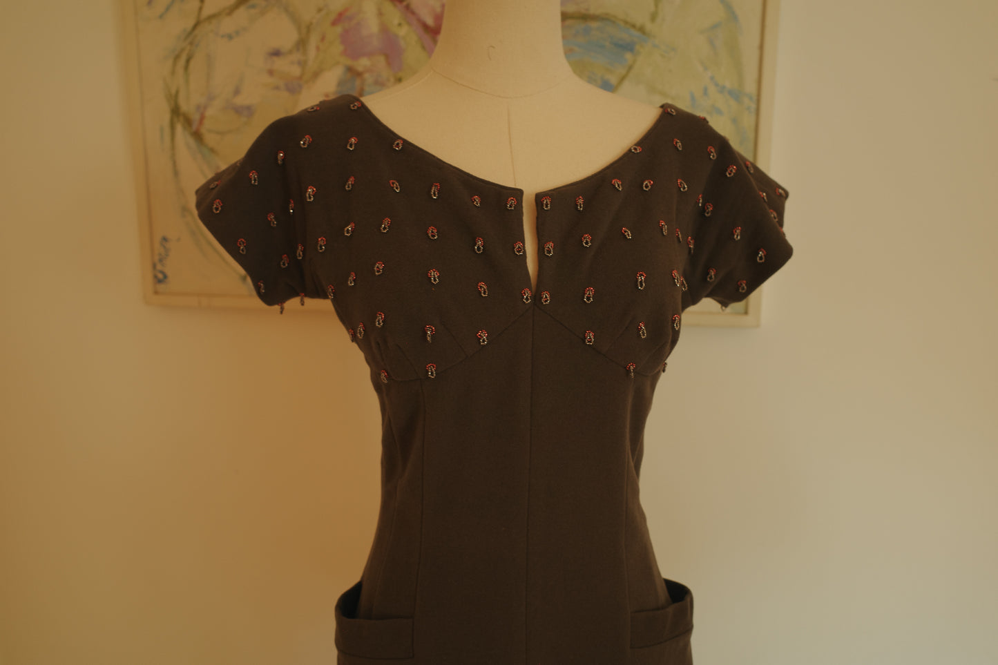 1940s/1950s Grey Brown Wool Beaded Detail Bombshell Dress