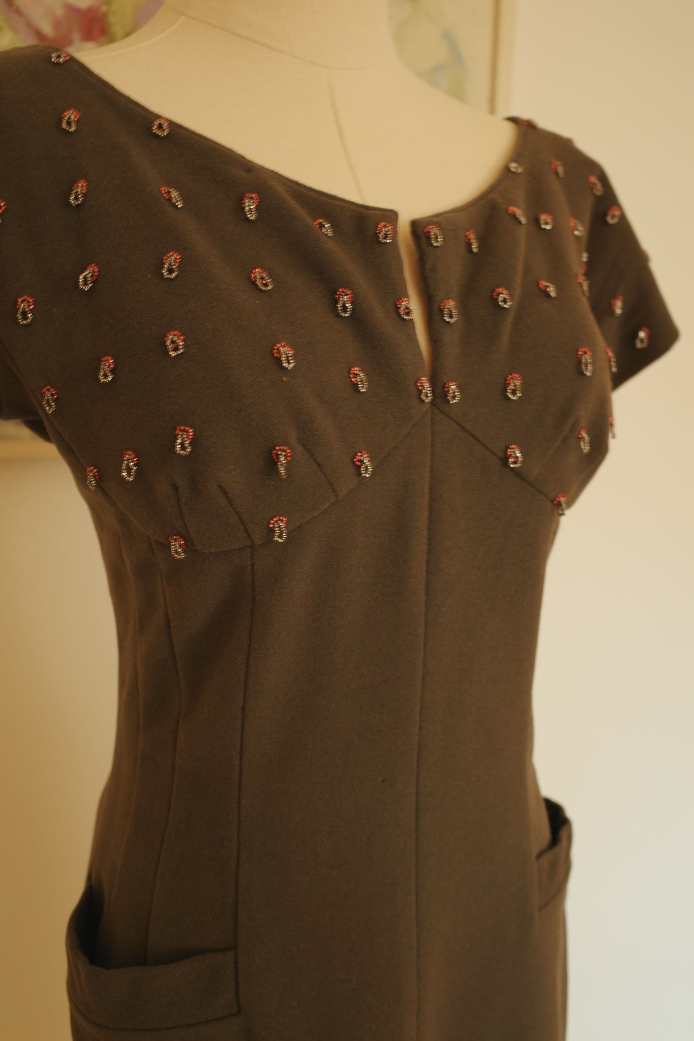 1940s/1950s Grey Brown Wool Beaded Detail Bombshell Dress