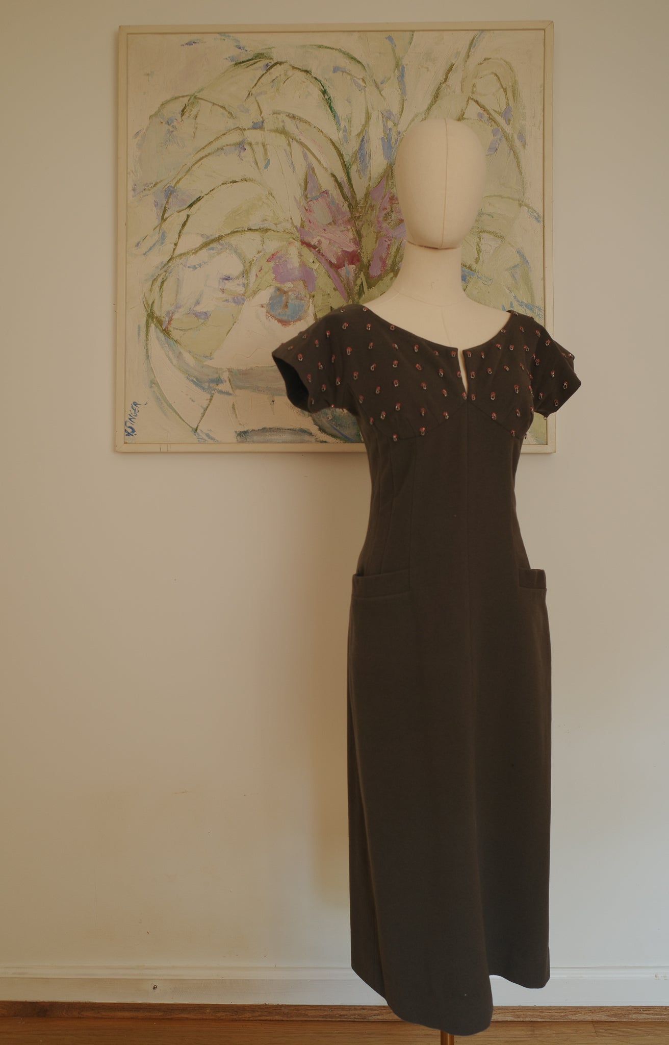 1940s/1950s Grey Brown Wool Beaded Detail Bombshell Dress