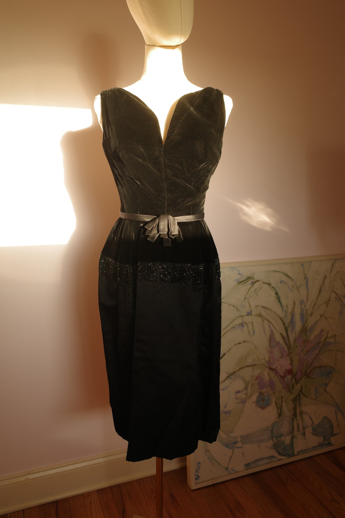 Vintage 1960s Black Deep-V velvet plunge neckline
