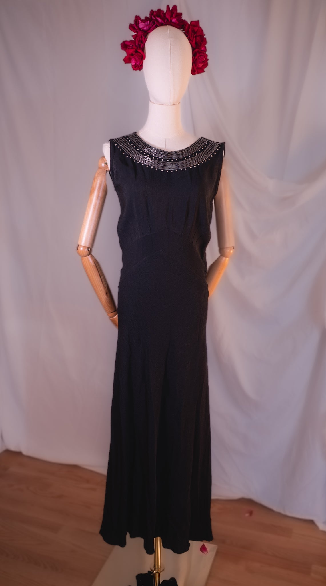 1930s Black Crepe Dress With Bead Detail