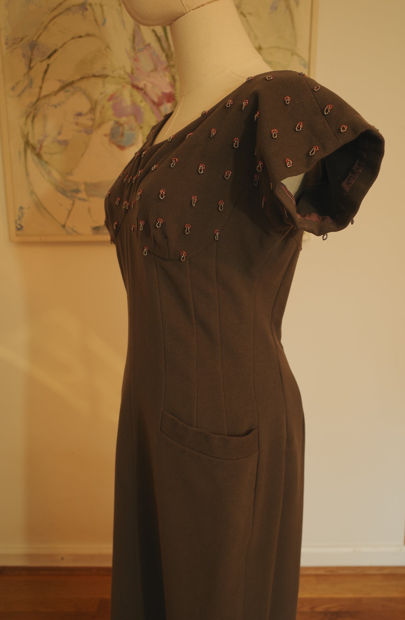 1940s/1950s Grey Brown Wool Beaded Detail Bombshell Dress