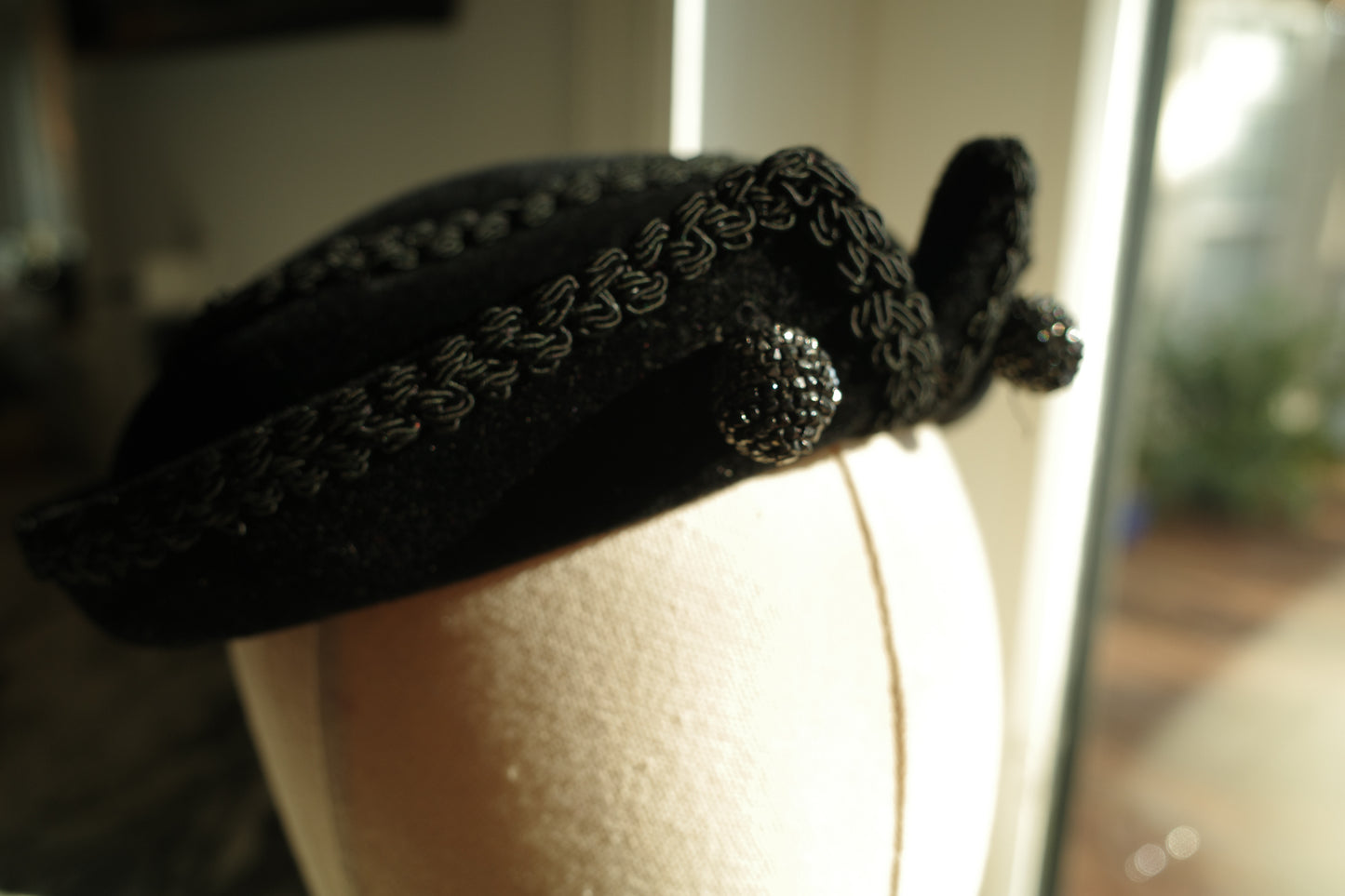 Vintage Black Velvet Cap with Beaded Ball Tassel Made in France