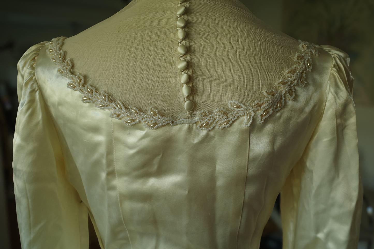 1940s Silk Satin Cream Wedding Dress with Beaded Collar