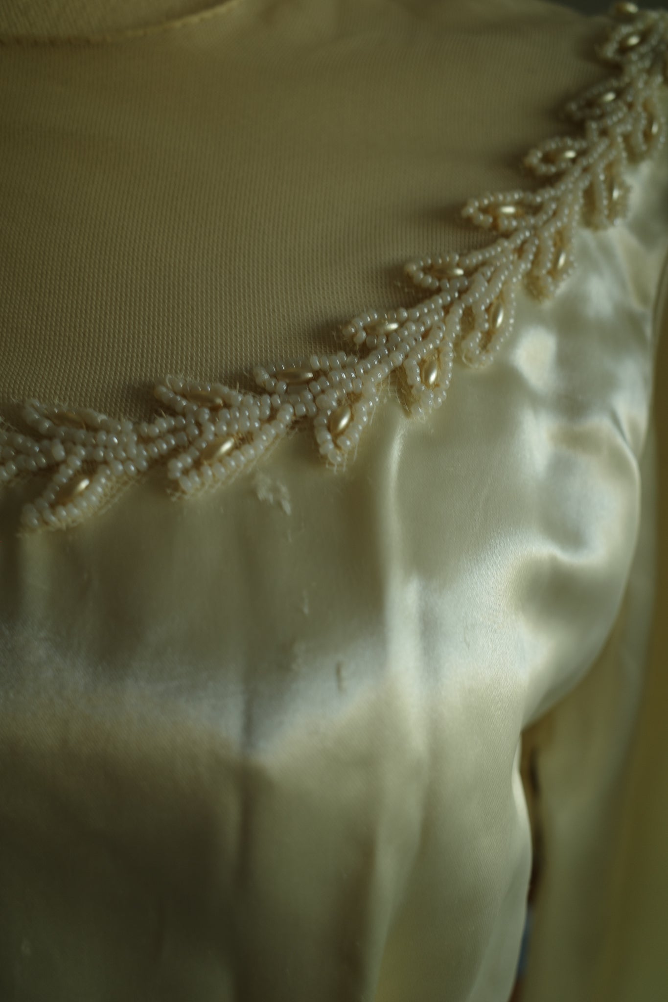 1940s Silk Satin Cream Wedding Dress with Beaded Collar