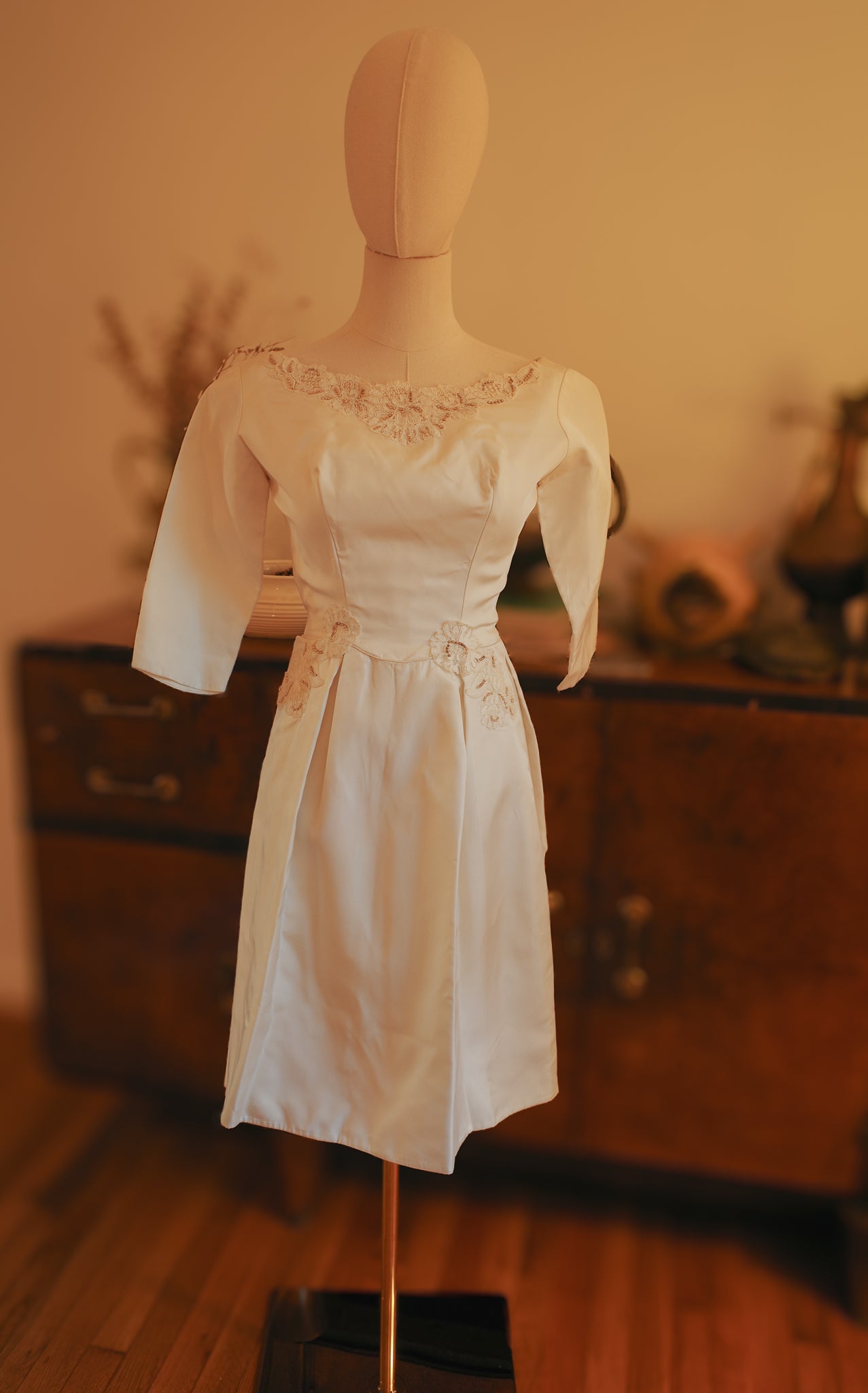 1950s  Vintage Cocktail Length Lace Detail Wedding Dress