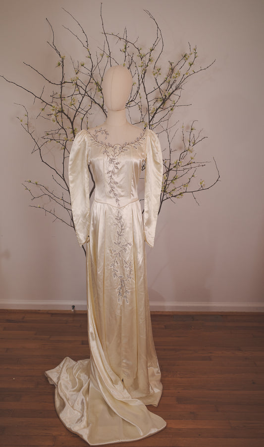 1940's Satin Wedding Dress with Leaf Beaded Detail