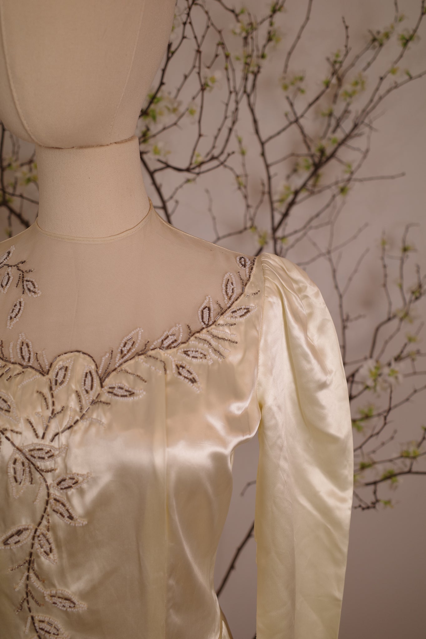 1940's Satin Wedding Dress with Leaf Beaded Detail