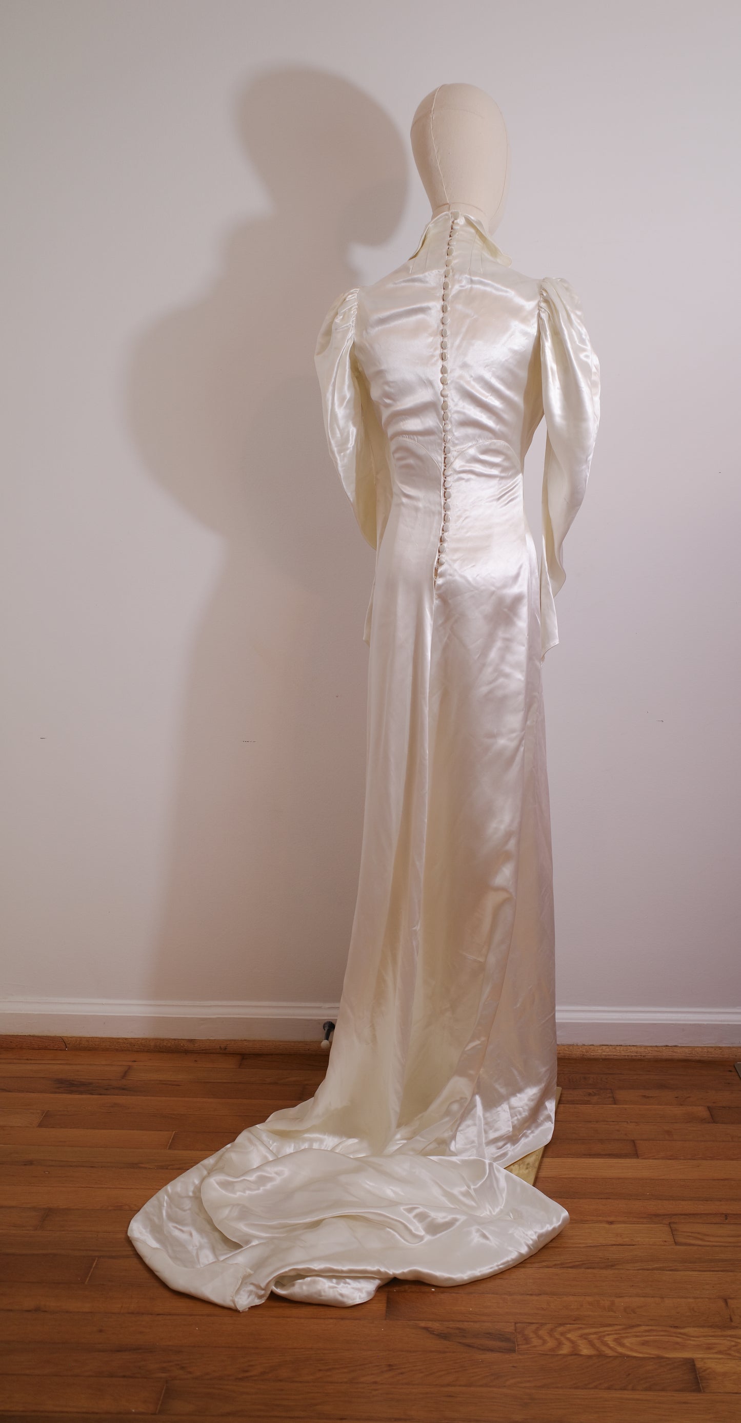 1930s Satin Wedding Dress  with Puff Sleeve and Full Train