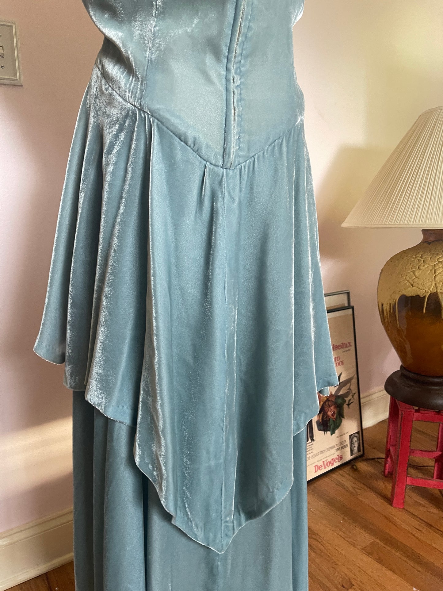 1940s Light Blue Velvet Dress