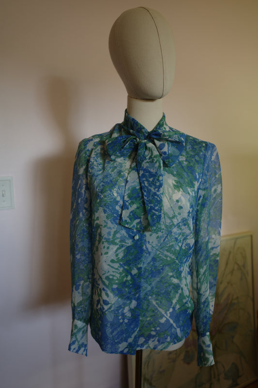 60s pussy bow, long sleeve blouse, green blue, watercolor print