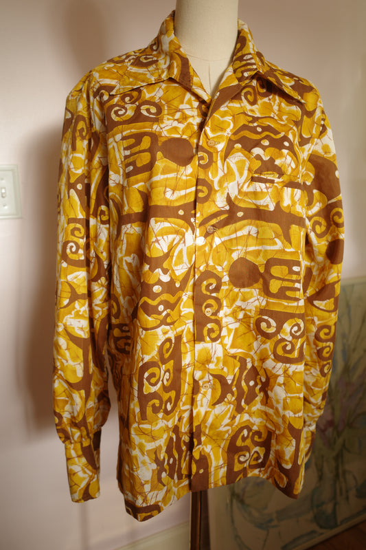 Vintage 1970s long sleeve yellow Hawaiian shirt