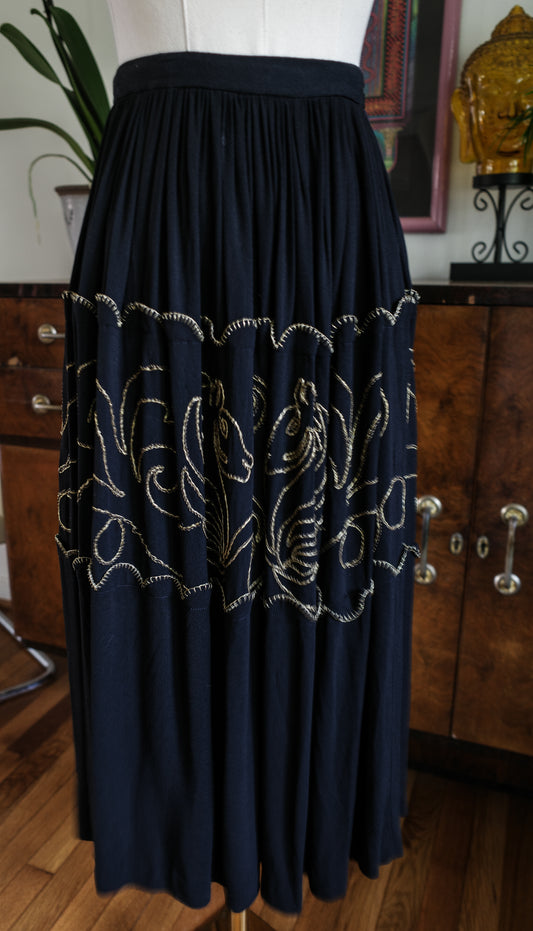 1940s / 1950s Black Crepe Seahorse Gold Embroidered Skirt