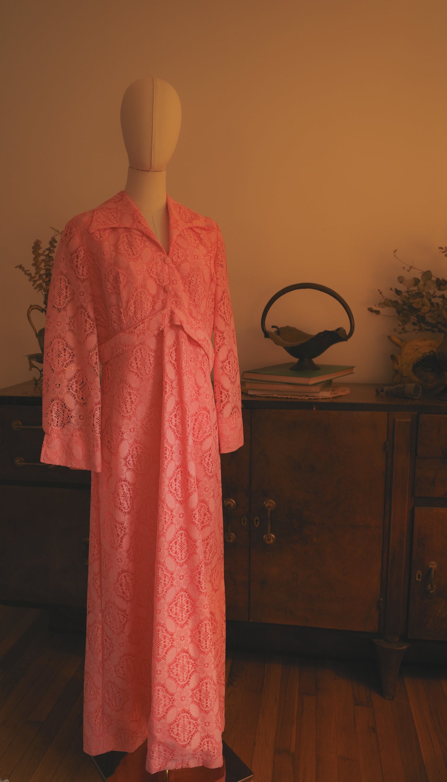 1960s Pink Lace Maxi Dress