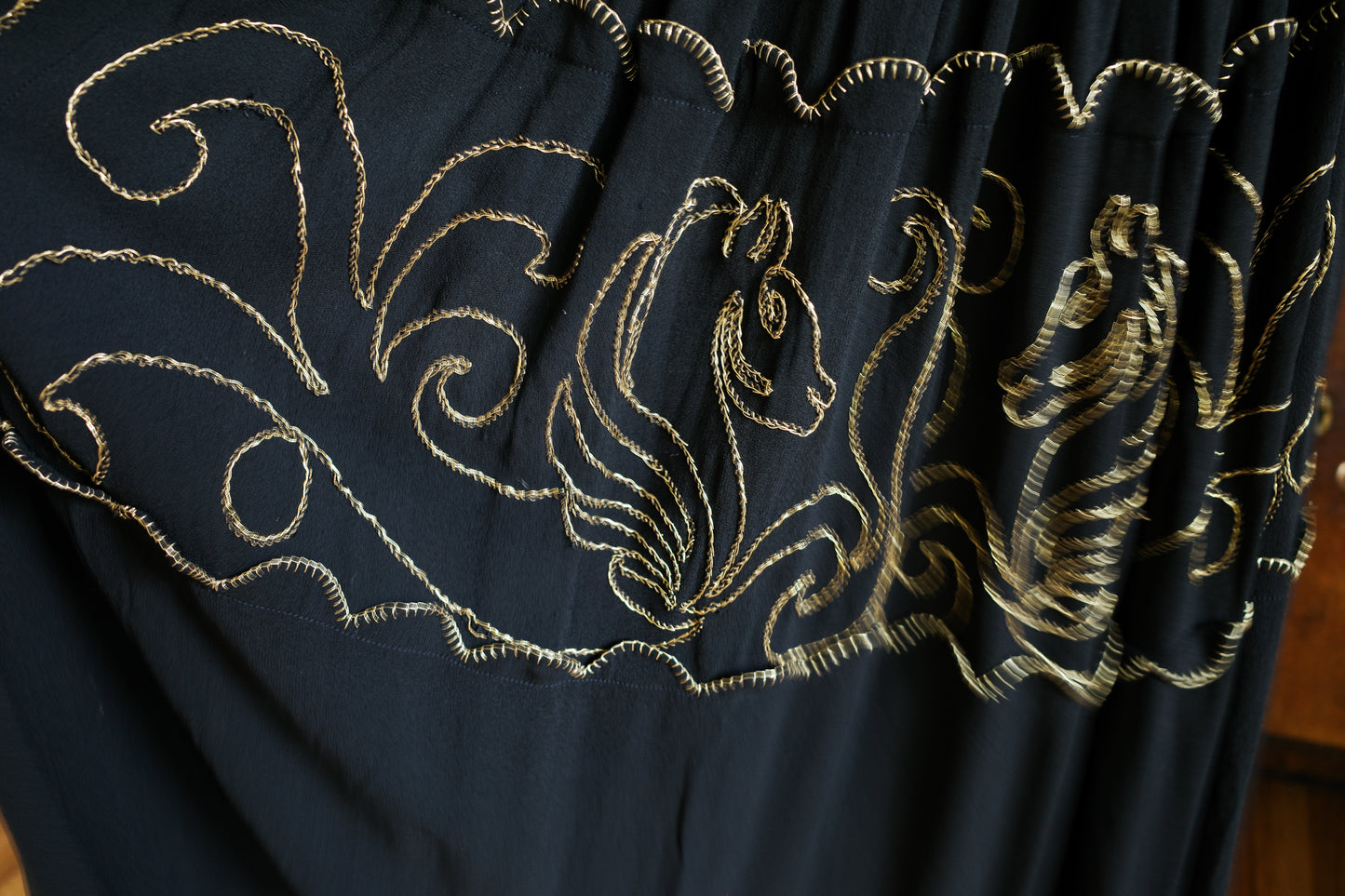 1940s / 1950s Black Crepe Seahorse Gold Embroidered Skirt
