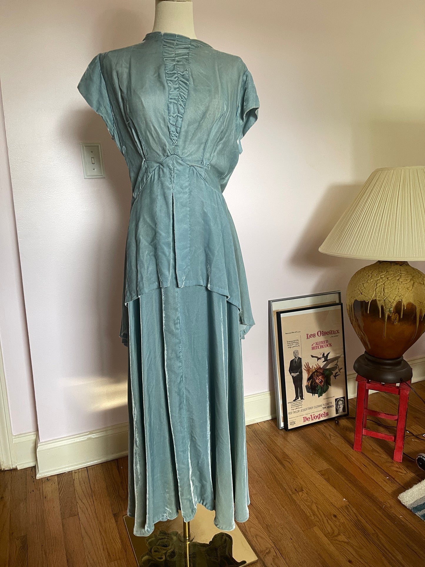 1940s Light Blue Velvet Dress