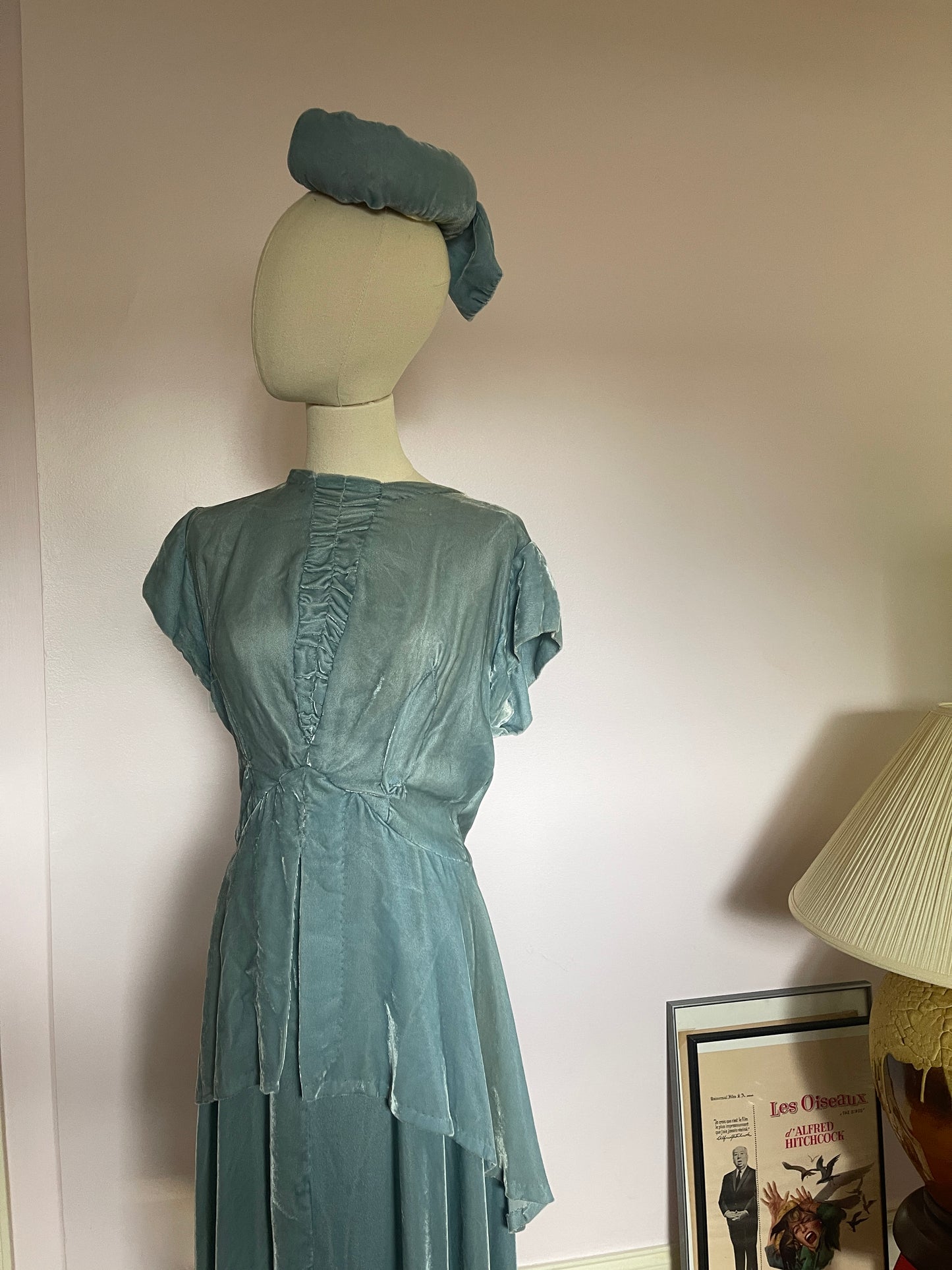 1940s Light Blue Velvet Dress