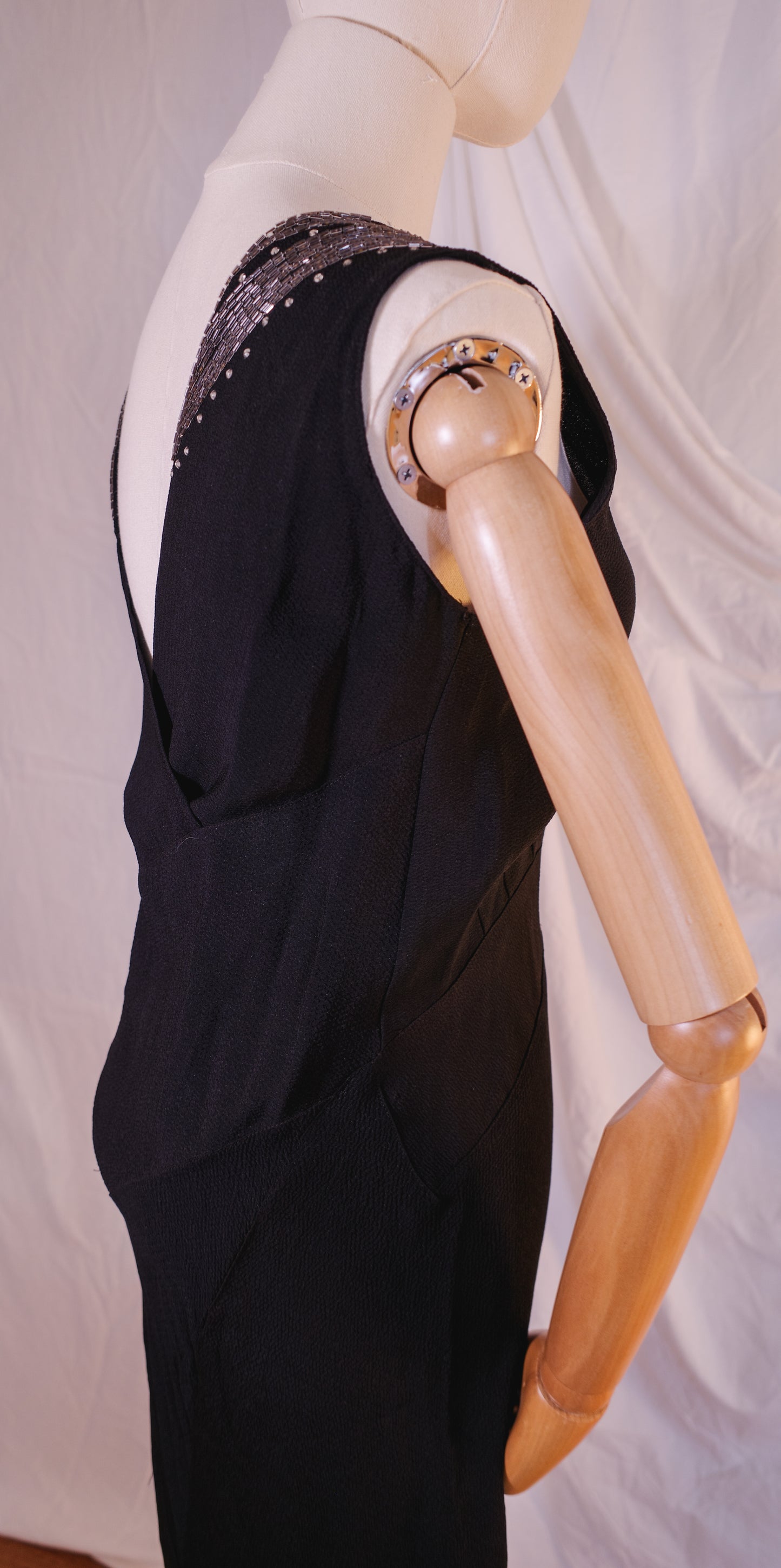 1930s Black Crepe Dress With Bead Detail