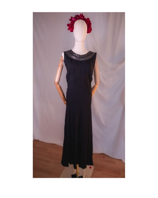 1930s Black Crepe Dress With Bead Detail