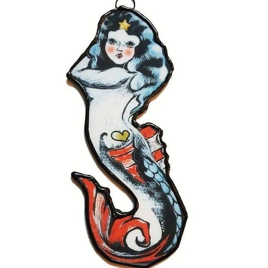 Sailor Jerry Inspired Mermaid Petite Art Glass